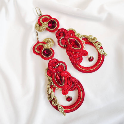 Red long soutache earrings hoops 160 Dragon