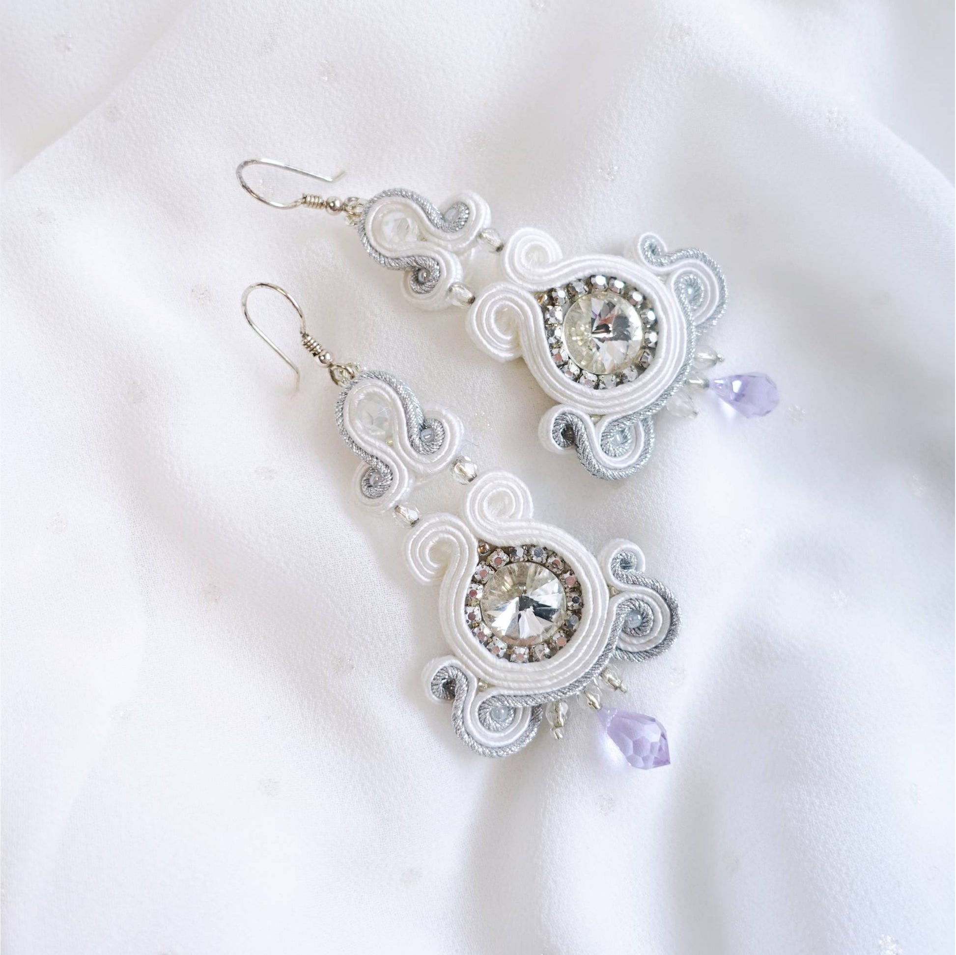 Pendientes de boda de soutache blanco con cristales, 178 WhiteSILVER