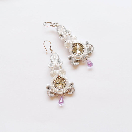White wedding soutache earrings with crystals, 178 WhiteSIlver