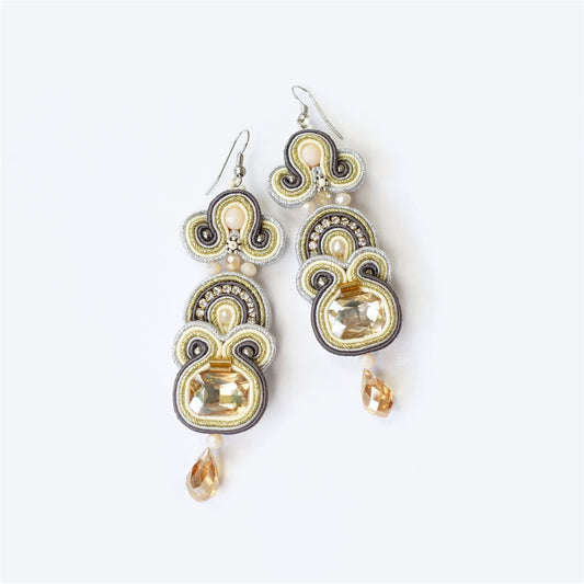 Honey gold pastel soutache earrings with crystals, 187 Honey