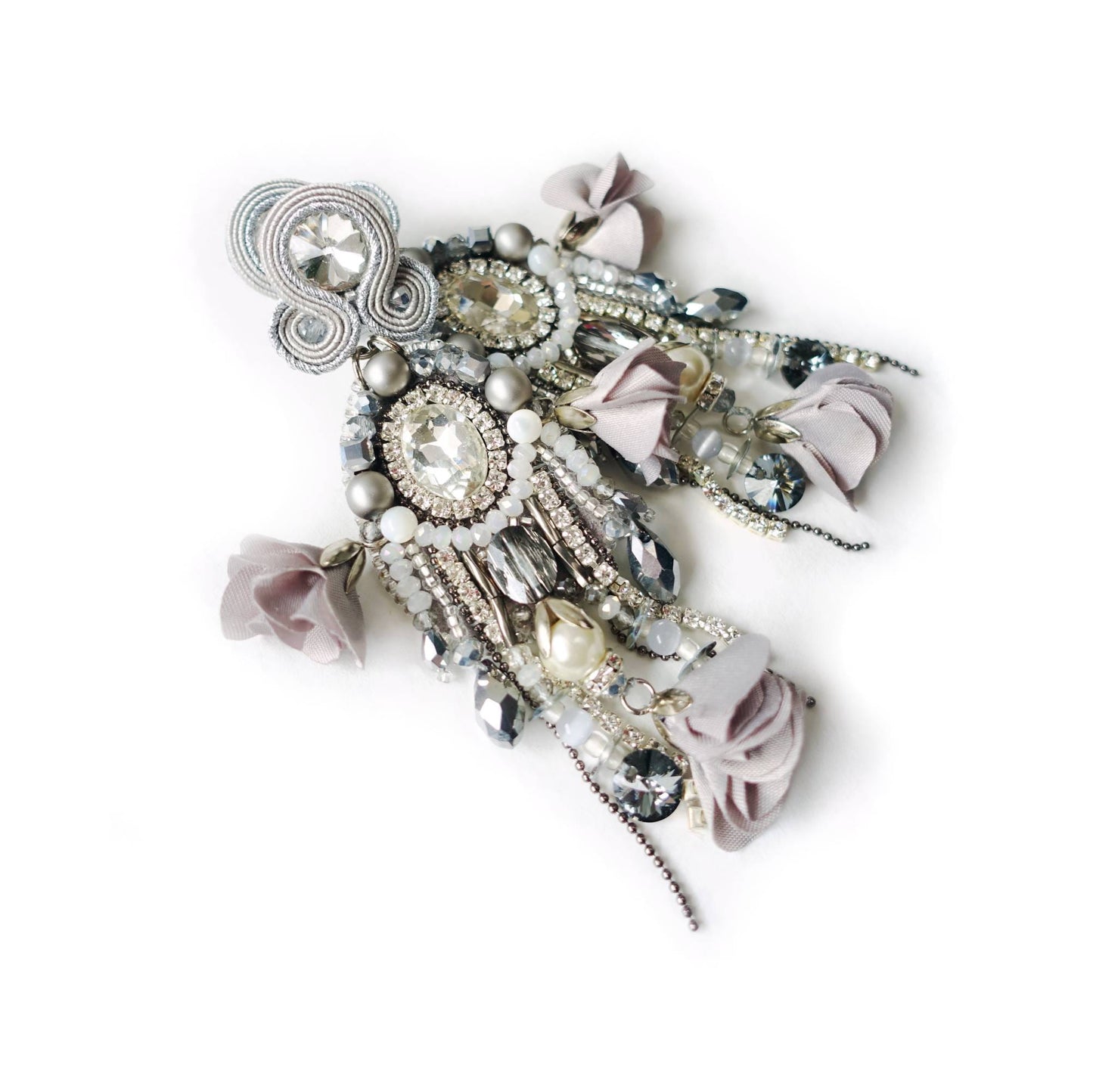 Silver earrings soutache jade, moonstone and pearls, 411 Rala